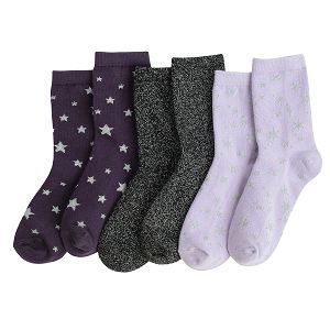 Purple and black socks with stars print- 3 pack