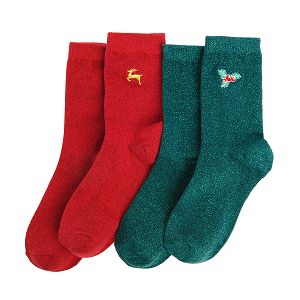 Κάλτσες 2 ζεύγη κόκκινες και πράσινες με κεντημένη στάμπα γκι και τάρανδος