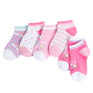 Pink, white and purple socks with unicorn print- 5 pack