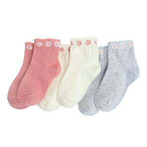 White, grey and pink socks with daisies on the elastic band- 3 pack