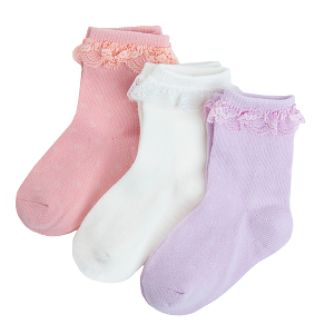 White, pink and purple socks with pattern and lace- 3 pack
