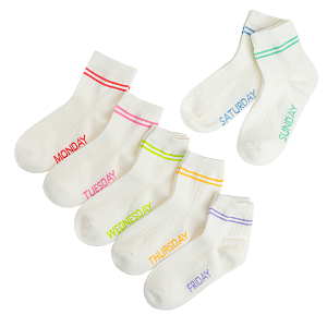 White athletic socks with days of the week print - 7 pack