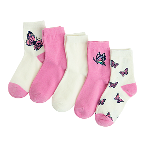 White, pink, purple socks with butterflies socks- 5 pack