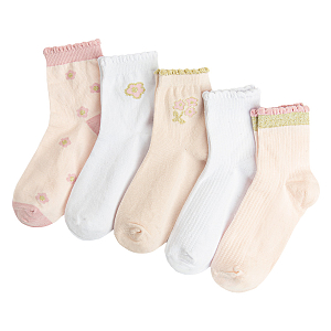 White, pink beige socks with daisies print- 5 pack