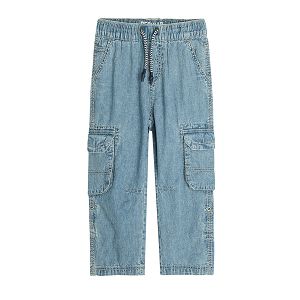 Denim trousers with elastic band and pockets