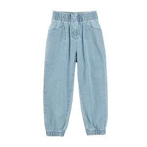 Denim trousers with elastic band at the waist