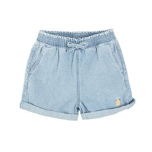 Denim shorts with elastic waist and embroidered pine apple