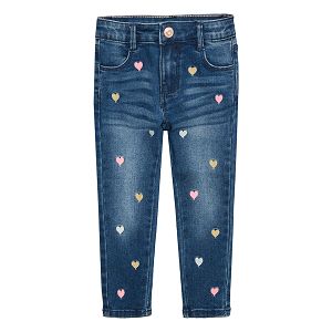 Παντελόνι τζιν με κουμπί και κεντημένα σχέδια πολύχρωμες καρδούλες