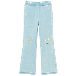 Light blue wide leg denim pants with bunny embroidery on knees