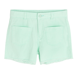 Turquoise denim shorts with back pockets on the front