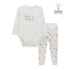 White longs sleeve bodysuit and pants with Born in 2022 clothing set