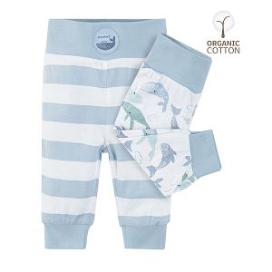 Light blue and white stripes and white with whales print joggers 2-pack