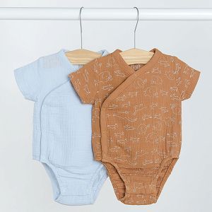 Light blue and brown with dinosaurs print wrap short sleeve bodysuit- 2 pack