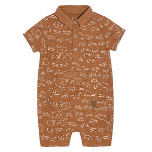 Light borwn romper with front pocket colar buttons and animals print