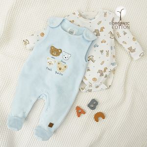 White long sleeve bodysuit with bears print and blue sleeveless overall set