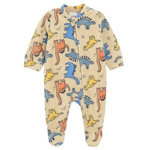 Ecru footed overall with side zipper and dinosaurs print