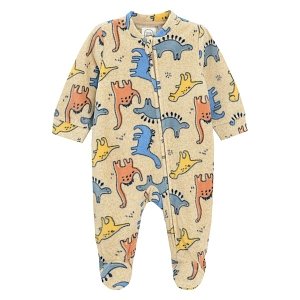 Ecru footed overall with side zipper and dinosaurs print
