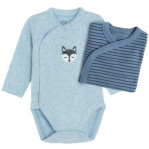 Blue with fox print and blue stripped wrap long sleeve bodysuits- 2 pack
