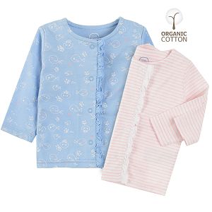 Light blue long sleeve cross over with fish print and striped white/pink cross over cardigans 2-pack