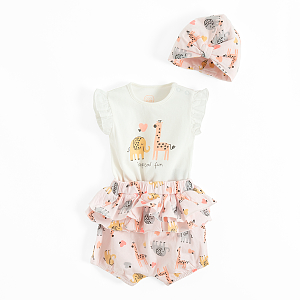 White short sleeve bodysuit with animals print colorful bottom/skirt and head piece set