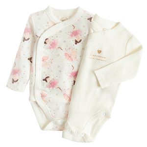 Ecru long sleeve wrap bodysuits with BIENVENUE MON AMOUR and pink ballerinas print 2 pack