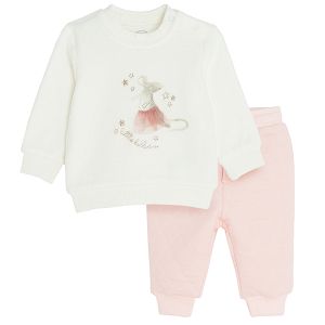 Σετ φούτερ λευκό από βελούδο με στάμπα ποντικάκι μπαλαρίνα και παντελόνι φόρμας ροζ
