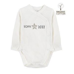 White long sleeve wrap bodysuit with born in 2022 print