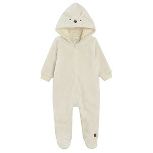 Hooded footed overall with side zipper and bear face on the hood
