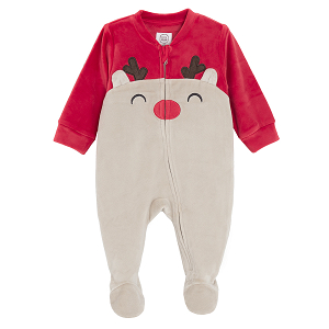 Red and ecru footed overall with raindeer print