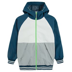 Grey white and blue zip through hooded light jacket