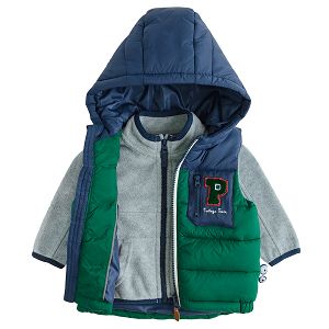 Blue and green hooded vest and great zip through sweatshirt set