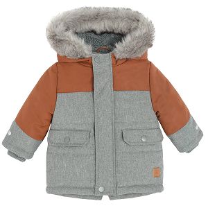 Grey and brown jacket with fur on the hood