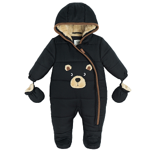 Black snowsuit with bear print and mittens