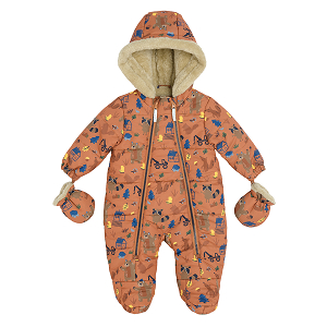 Light brown footed snowsuit with two zippers and mittens