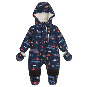 Blue hooded snowsuit with Chistmas print and mittens