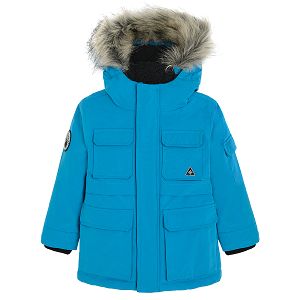 Blue zip through with furlike on the hood jacket