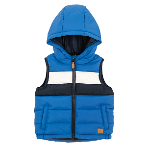 Blue and white zip through hooded vest