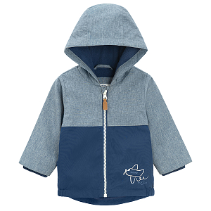 Blue melange zip through hooded jacket with airplane print