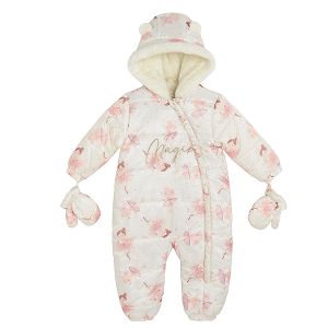Pink snowsuit with ballerinas print and side zipper and mittens
