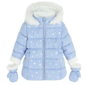 Blue zip through jacket with furlike on the hood and mittens