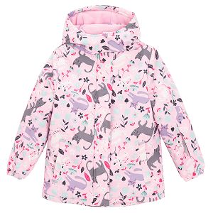 Pink ski jacket with cats and flowers print