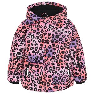 Pink animal print hooded zip through ski jacket