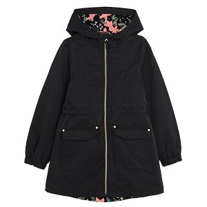 Black zip through hooded jacket and floral lining