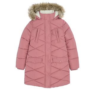 Pink zip through jacket with furlike on the hood