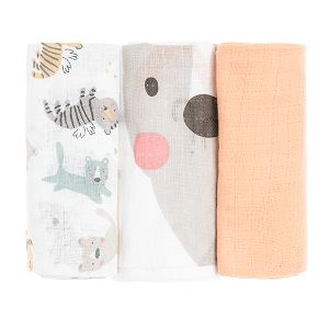 Yellow and white with animals print muslin nappies- 3 pack