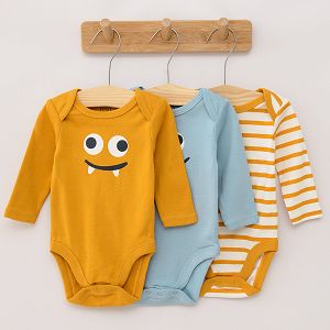 Yellow striped blue and yellow with funny face print long sleeve bodysuits 3 pack