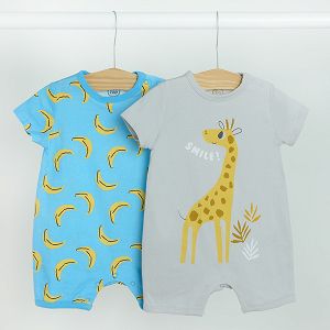 White with giraffe print and blue with bananas print rompers- 2 pack