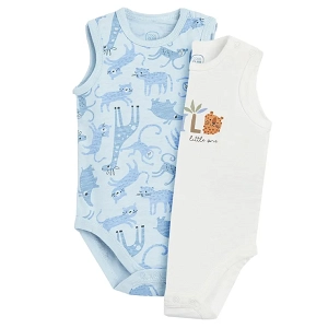 Beige and blue sleeveless bodysuits with wild animals print- 2 pack