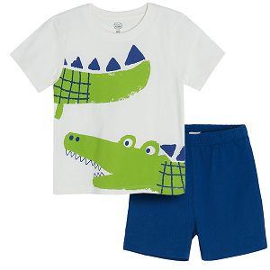 White short sleeve blouse with crocodile print and blue shorts pyjamas