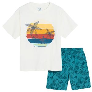 White short sleeve blouse and blue shorts with palm trees print pyjamas